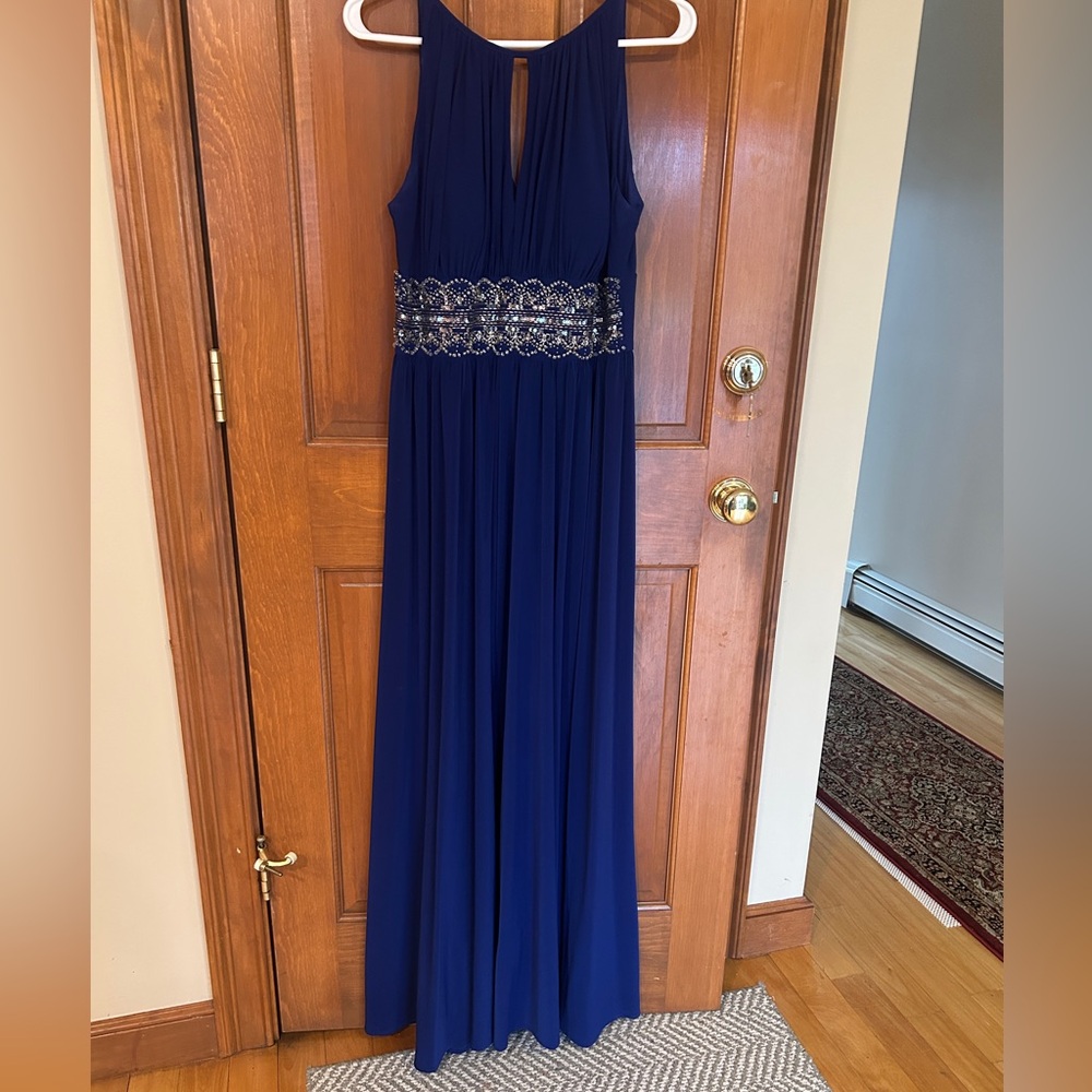 R&M Richards Navy Sleeveless Evening Gown with Beaded Waist